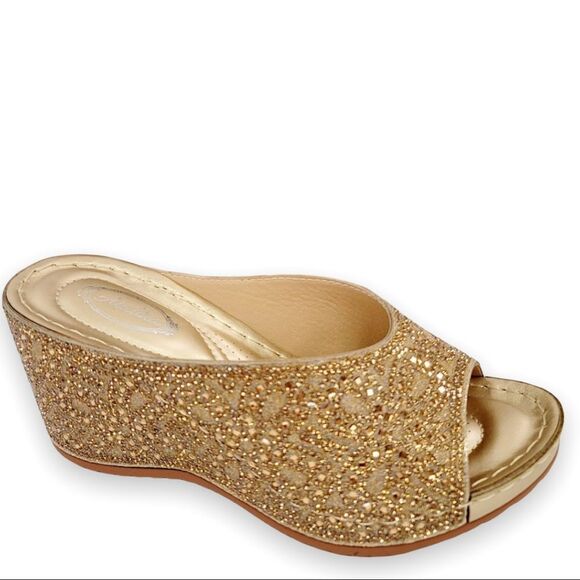 Restock! Italina Gold Metallic Rhinestone Embellished‎ Wedge - Picture 1 of 5